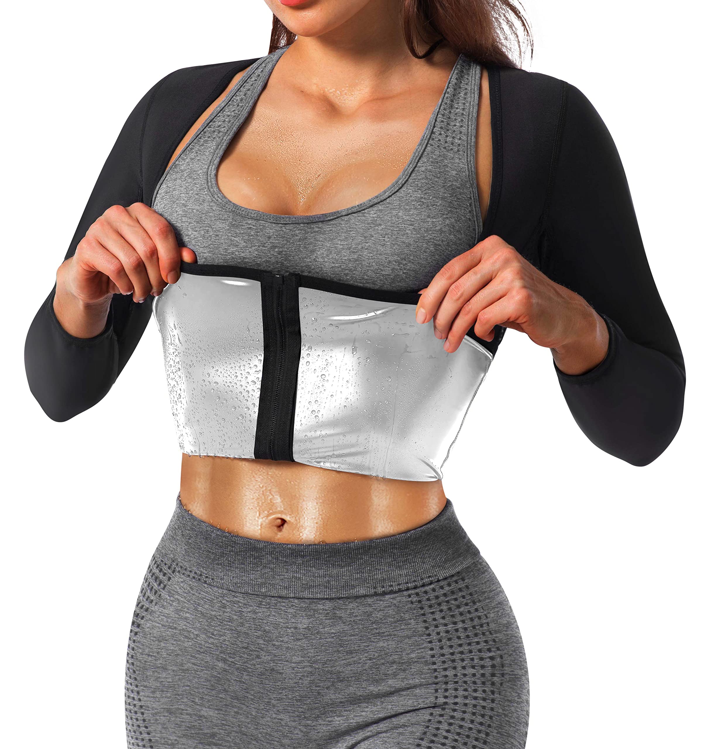 Womens Long Sleeve Sauna Compression Top, Zip Up Open Bust Workout Gym Shirt