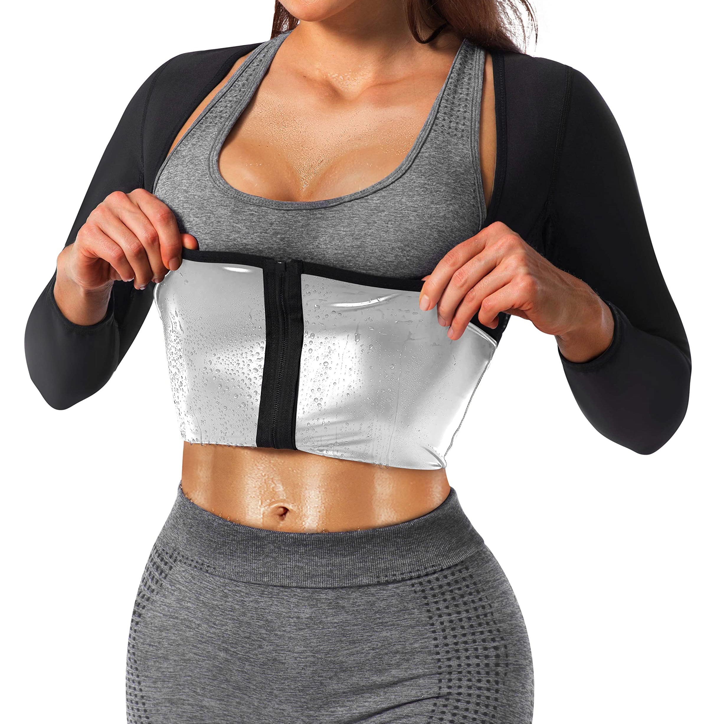 Womens Long Sleeve Sauna Compression Top, Zip Up Open Bust Workout Gym Shirt