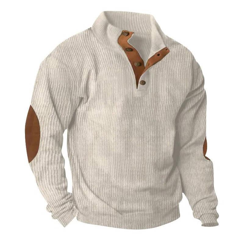 Button Neck Pullover Sweater with Fleece Lining and Elbow Patches, Machine Washable