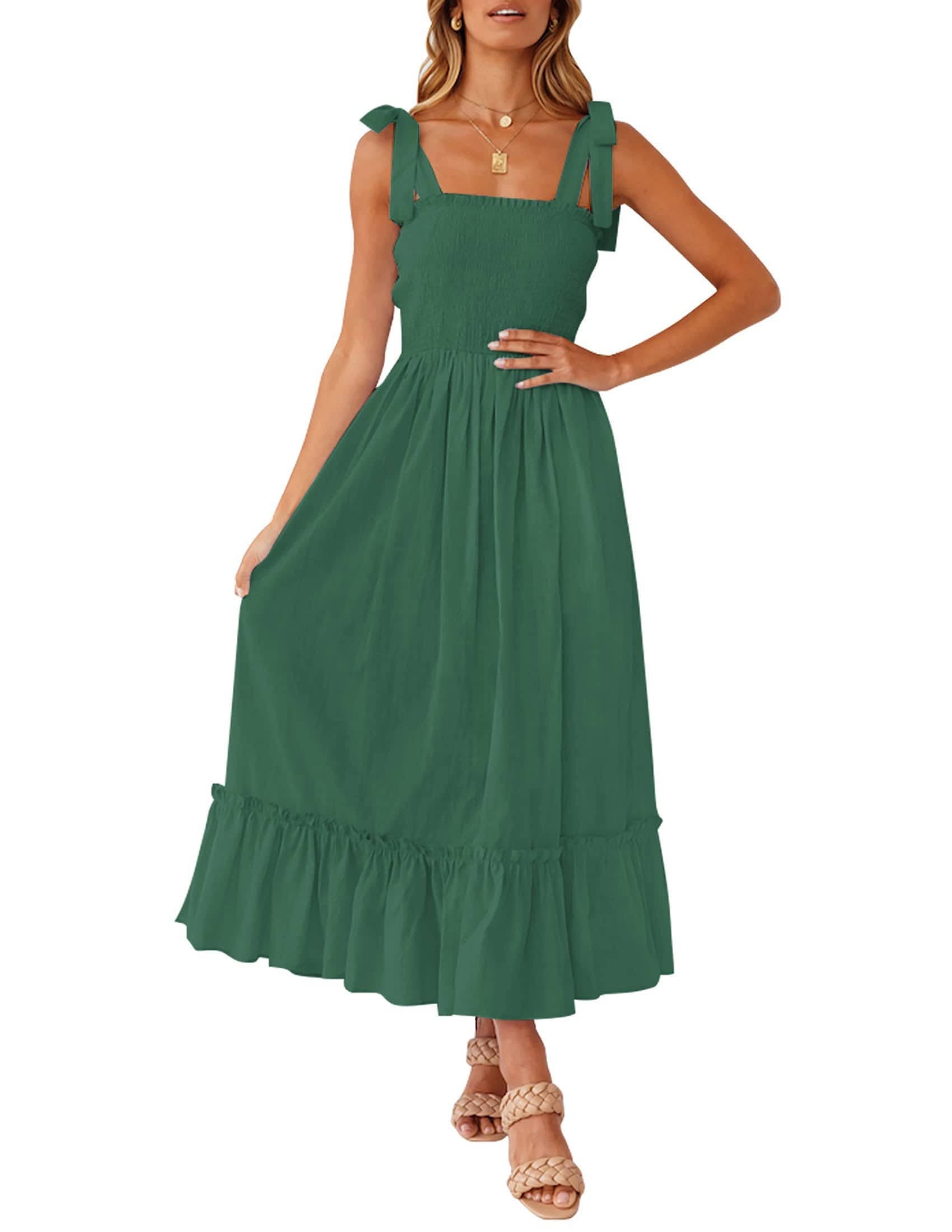Womens Boho Maxi Dress, Square Neck Spaghetti Strap Ruffle a Line Beach Dress
