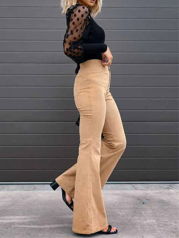 Stretchy High-Rise Corduroy Flare Pants with Four Functional Pockets