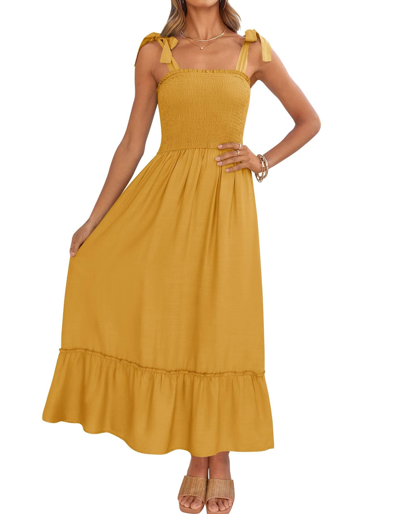 Womens Boho Maxi Dress, Square Neck Spaghetti Strap Ruffle a Line Beach Dress