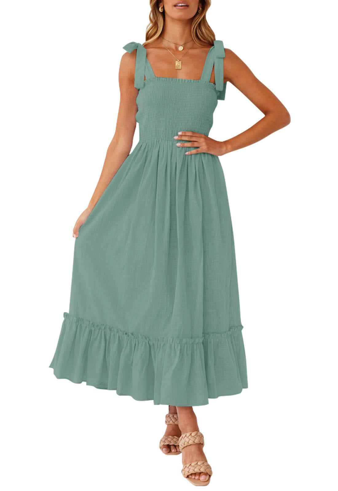 Womens Boho Maxi Dress, Square Neck Spaghetti Strap Ruffle a Line Beach Dress