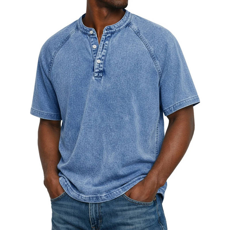 Men's Henley Shirt, Short Sleeve Acid Wash Pullover Tee, Vintage Casual Button Placket Top