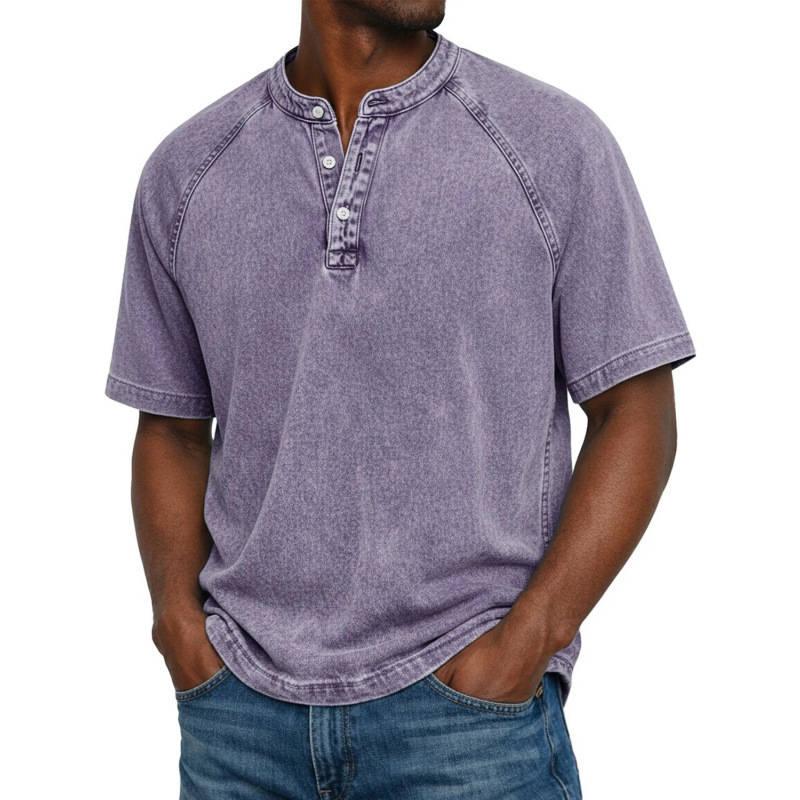 Men's Henley Shirt, Short Sleeve Acid Wash Pullover Tee, Vintage Casual Button Placket Top