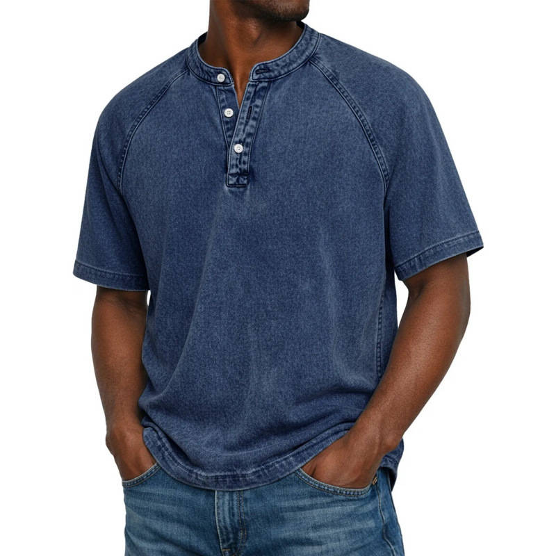 Men's Henley Shirt, Short Sleeve Acid Wash Pullover Tee, Vintage Casual Button Placket Top