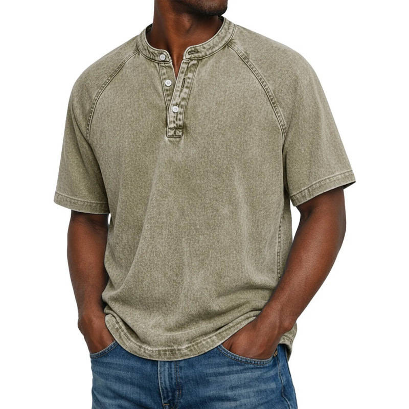 Men's Henley Shirt, Short Sleeve Acid Wash Pullover Tee, Vintage Casual Button Placket Top