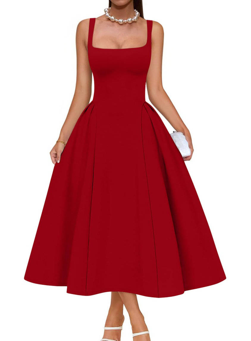 Womens Square Neck A Line Midi Dress, Elegant Wedding Guest and Evening Party Dress