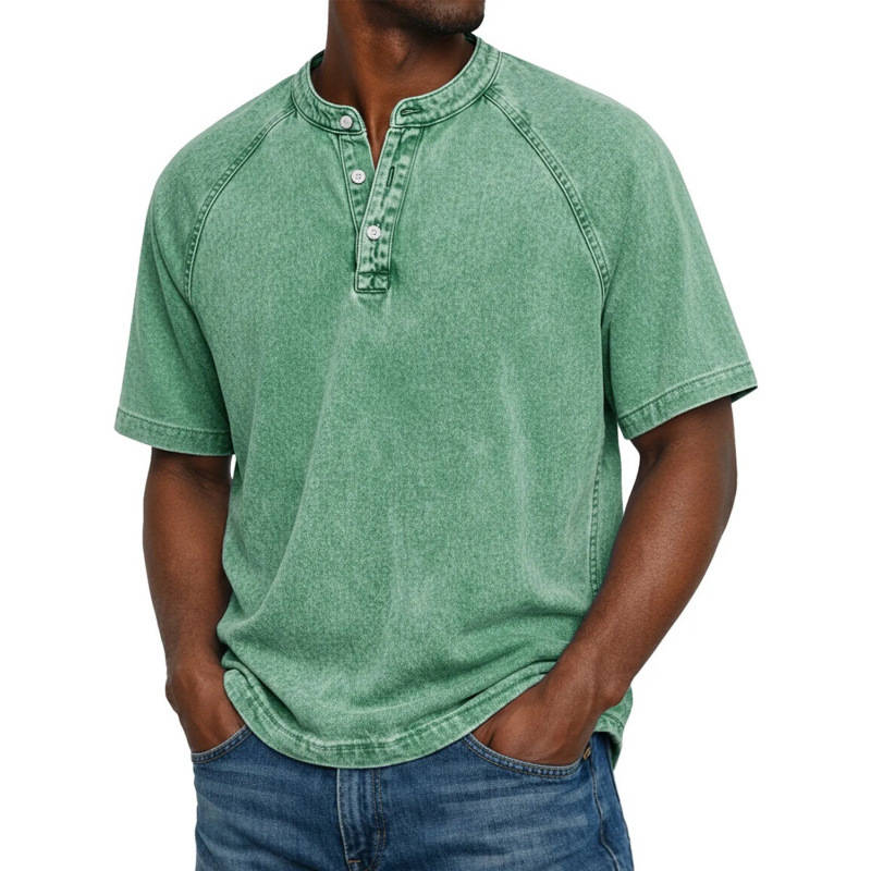 Men's Henley Shirt, Short Sleeve Acid Wash Pullover Tee, Vintage Casual Button Placket Top