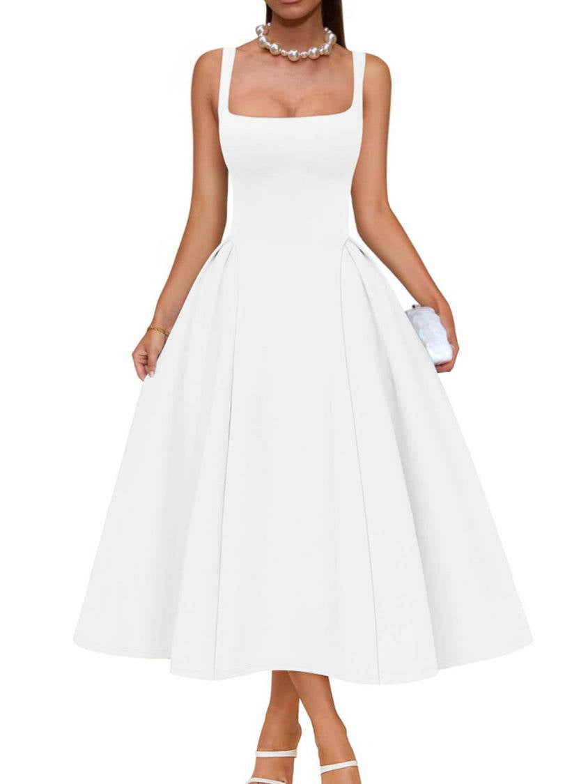 Womens Square Neck A Line Midi Dress, Elegant Wedding Guest and Evening Party Dress
