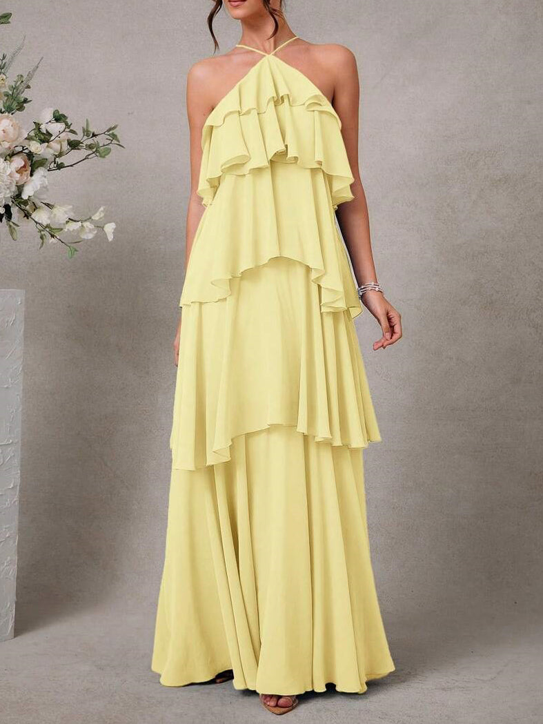 Womens Halter Backless Maxi Dress, Ruffle Layered Wedding Guest and Formal Dress