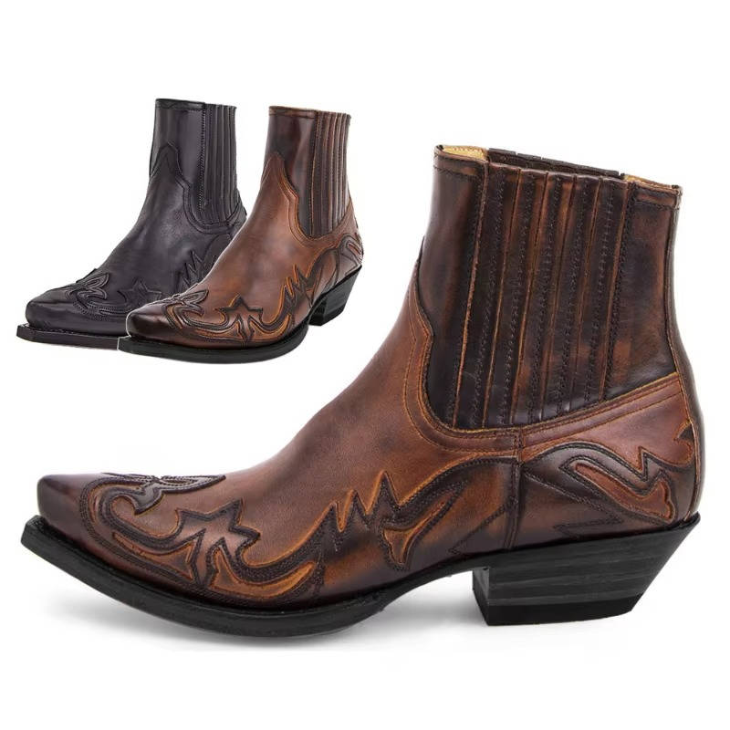Embroidered Western Ankle Boots with Pointed Toe and Rubber Grip Outsole for Women