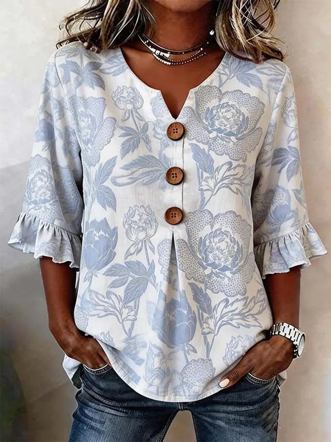 Women's Floral Print Linen Blouse, Vintage V Neck Sleeve Shirt, Casual Ruffle Cuff Button Down Tops