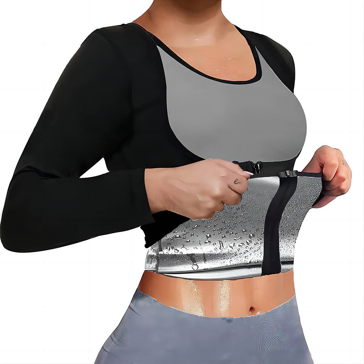 Womens Long Sleeve Sauna Compression Top, Zip Up Open Bust Workout Gym Shirt