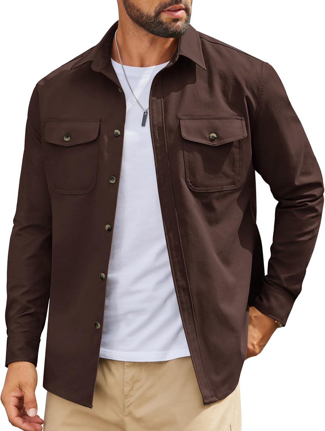 Mens Long Sleeve Button Down Work Shirt, Casual Workwear Shirt with Flap Pockets