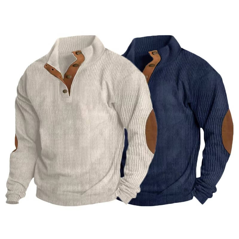 Button Neck Pullover Sweater with Fleece Lining and Elbow Patches, Machine Washable