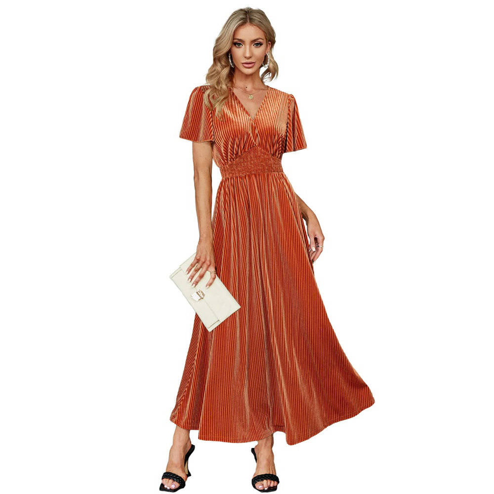Womens Velvet Maxi Dress, V Neck Short Sleeve Empire Waist Long Formal Dress for Wedding Guests and Special Events