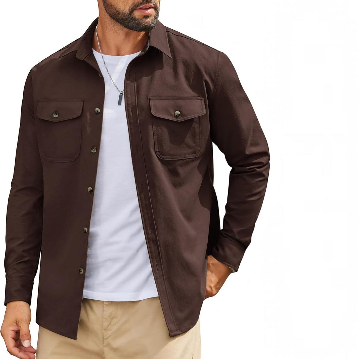 Mens Long Sleeve Button Down Work Shirt, Casual Workwear Shirt with Flap Pockets