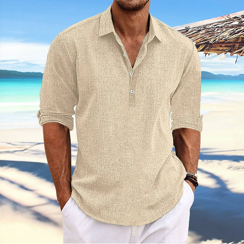 Men's Casual Cotton Shirt, Long Sleeve Pullover Beach Shirt, Lightweight Summer Vacation Style