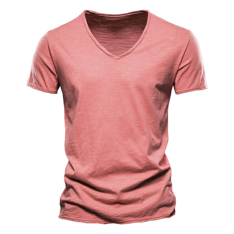 Men's Casual V Neck T Shirt, Breathable Slim Fit Short Sleeve Tee, Lightweight Cotton Slub Basic Top