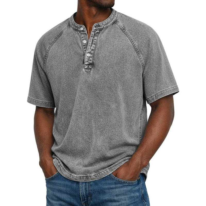 Men's Henley Shirt, Short Sleeve Acid Wash Pullover Tee, Vintage Casual Button Placket Top