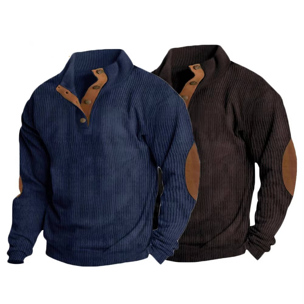 Button Neck Pullover Sweater with Fleece Lining and Elbow Patches, Machine Washable