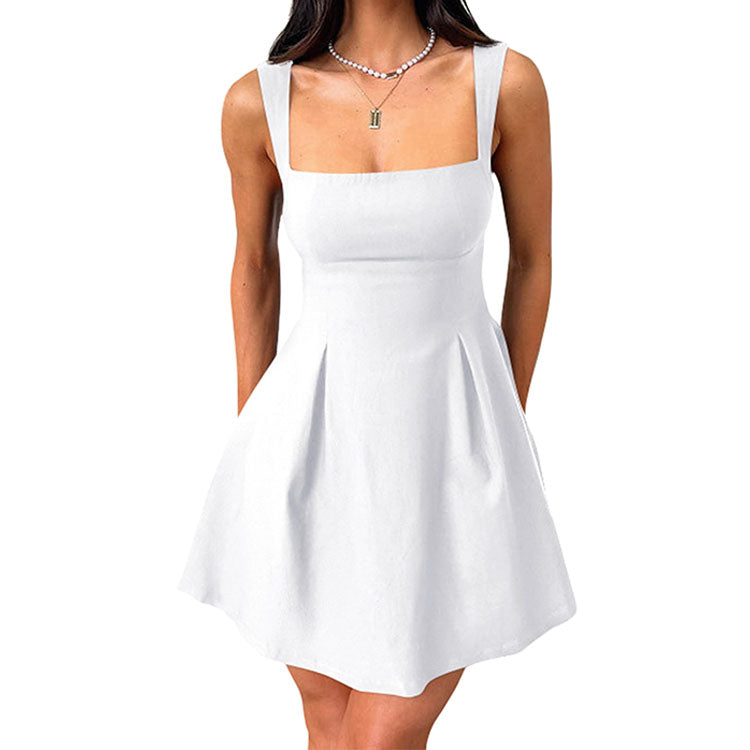 Womens Little Dress, Sexy Sleeveless Square Neck LBD Dress with Bow Tie A Line Mini Design
