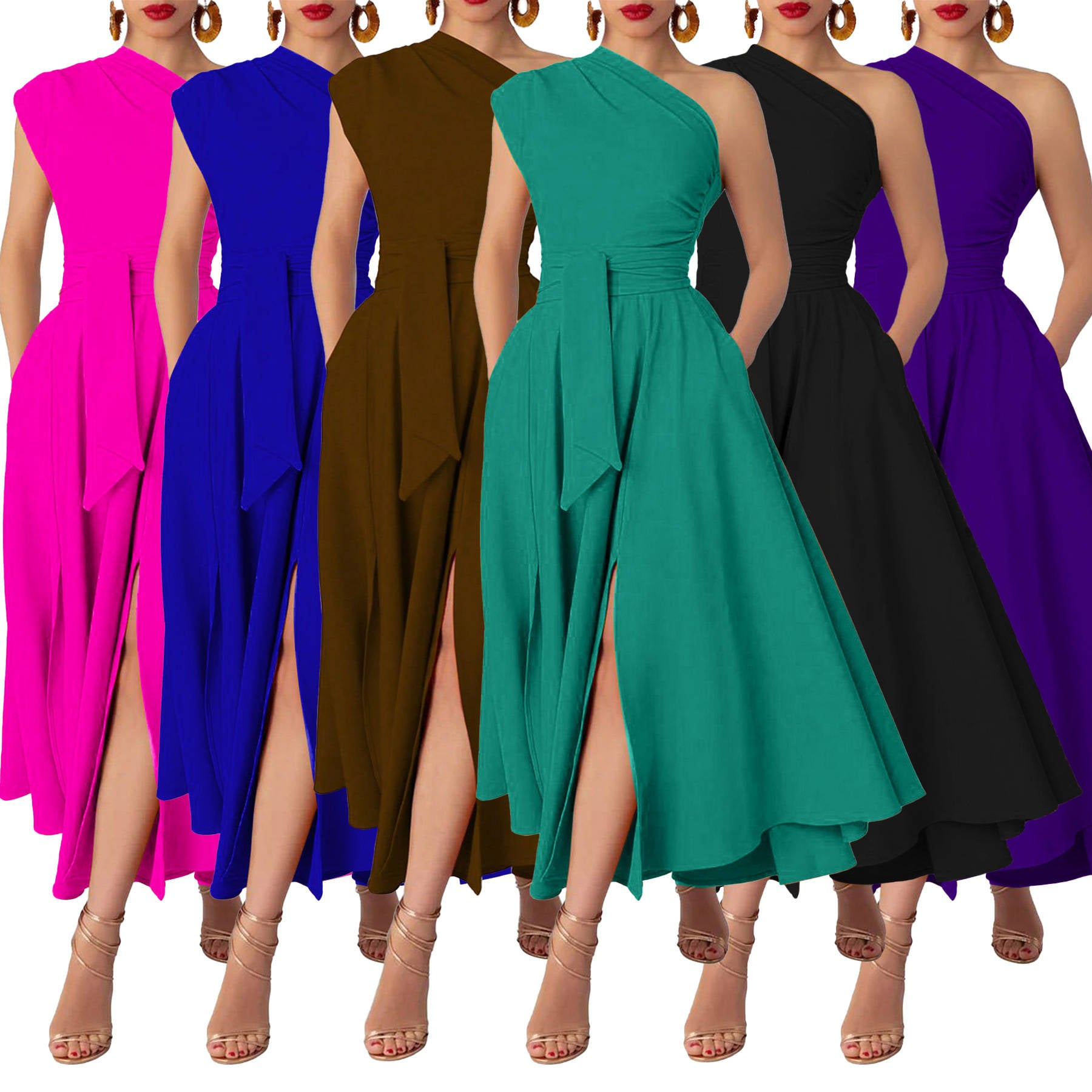 Womens One Shoulder Belted Maxi Dress, Elegant Formal Wedding Guest Dress with Pockets
