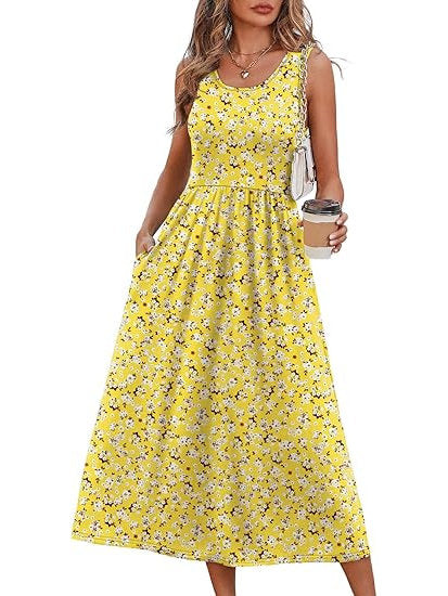 Womens Little Dress, Flowy Casual Midi Beach Vacation Sundress with Pockets