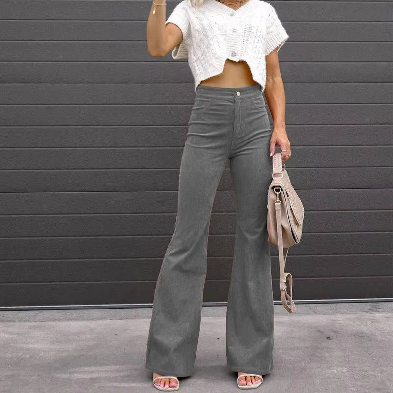 Stretchy High-Rise Corduroy Flare Pants with Four Functional Pockets