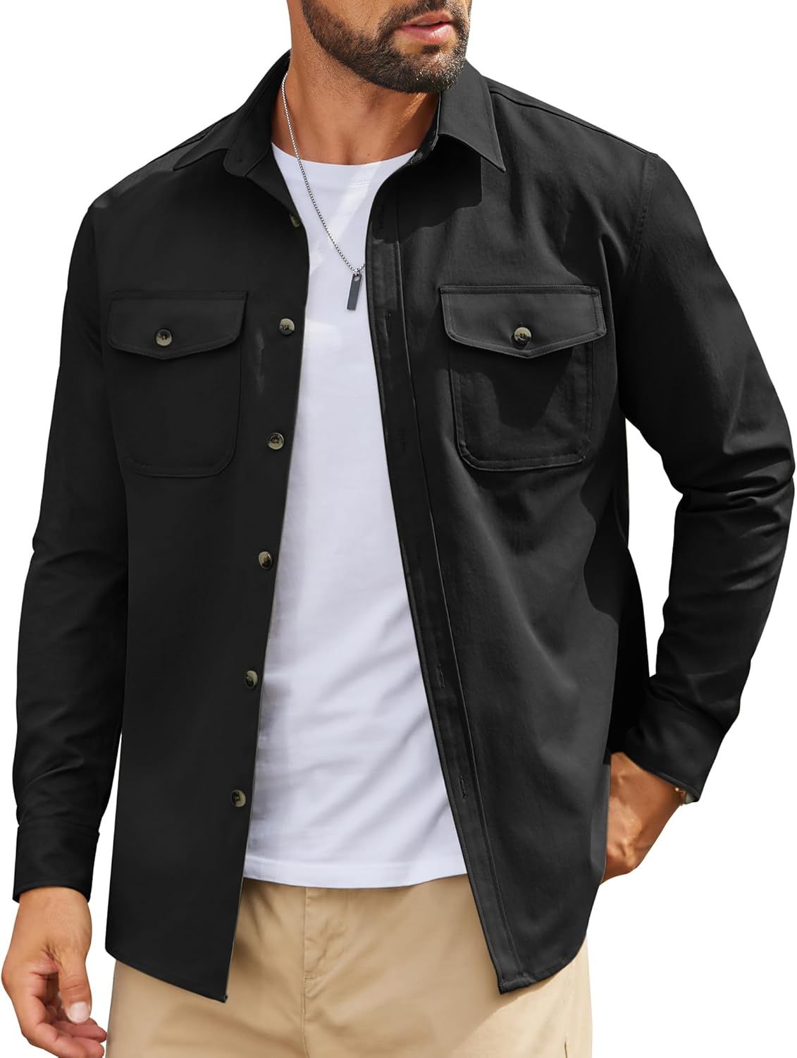 Mens Long Sleeve Button Down Work Shirt, Casual Workwear Shirt with Flap Pockets