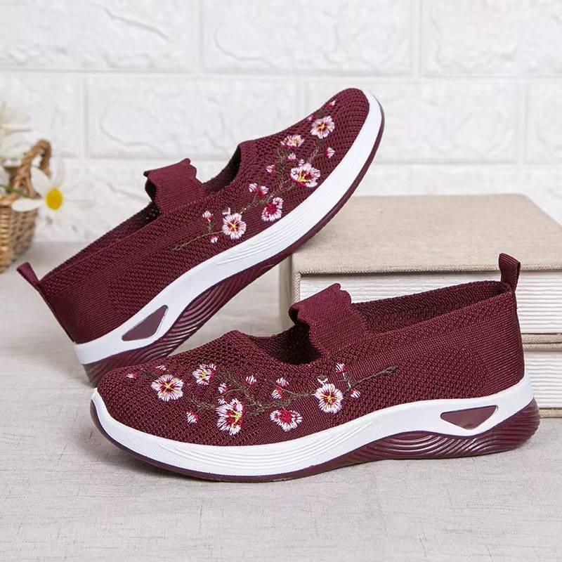Women's Mary Jane Sneakers, Floral Embroidered Mesh Shoes, Slip on Elastic Strap Comfort Flats