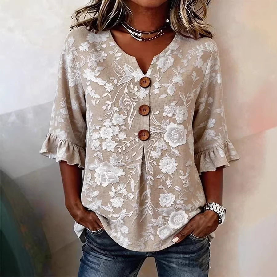 Women's Floral Print Linen Blouse, Vintage V Neck Sleeve Shirt, Casual Ruffle Cuff Button Down Tops