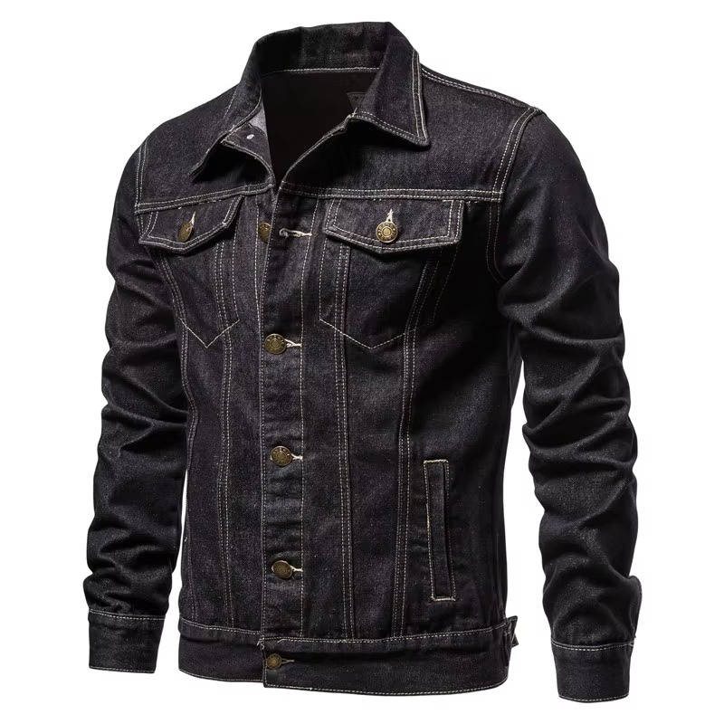 Mens Denim Jacket with Button Front and Four Pockets Hip Length
