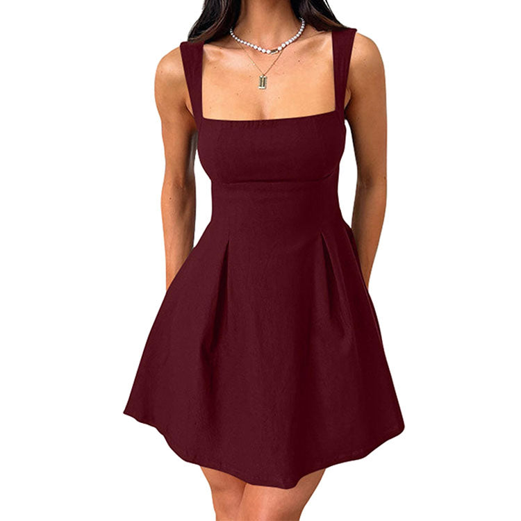 Womens Little Dress, Sexy Sleeveless Square Neck LBD Dress with Bow Tie A Line Mini Design
