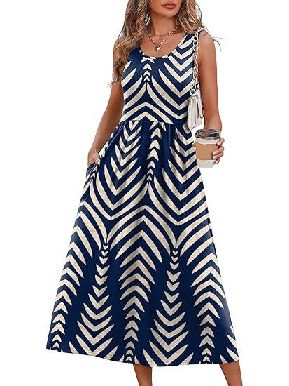 Womens Little Dress, Flowy Casual Midi Beach Vacation Sundress with Pockets