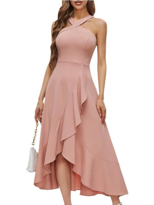 Womens Halter Formal Dress, Ruffled Hi Lo Maxi Wedding Guest and Bridesmaid Dress