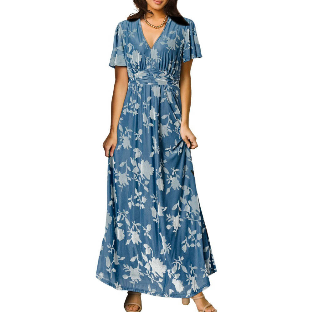 Womens Velvet Maxi Dress, V Neck Short Sleeve Empire Waist Long Formal Dress for Wedding Guests and Special Events