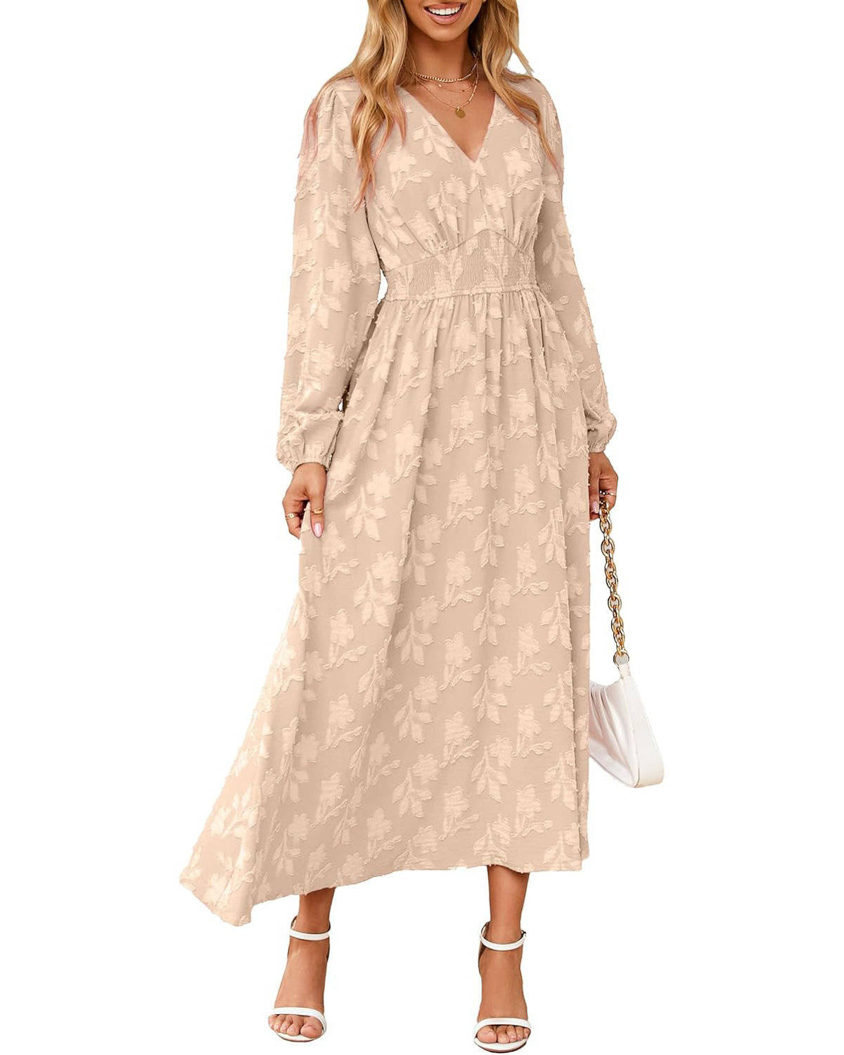 Womens Floral Maxi Dress, Long Sleeve V Neck Empire Waist Boho Fall Wedding Guest Dress with Pockets