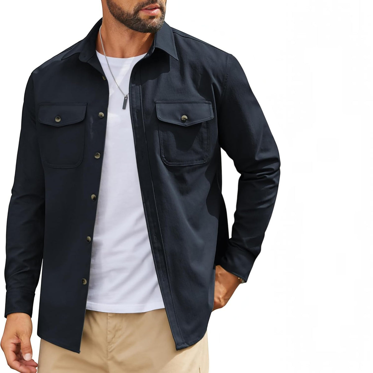 Mens Long Sleeve Button Down Work Shirt, Casual Workwear Shirt with Flap Pockets