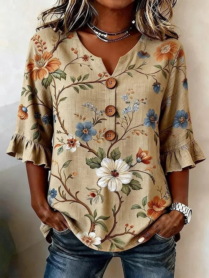 Women's Floral Print Linen Blouse, Vintage V Neck Sleeve Shirt, Casual Ruffle Cuff Button Down Tops