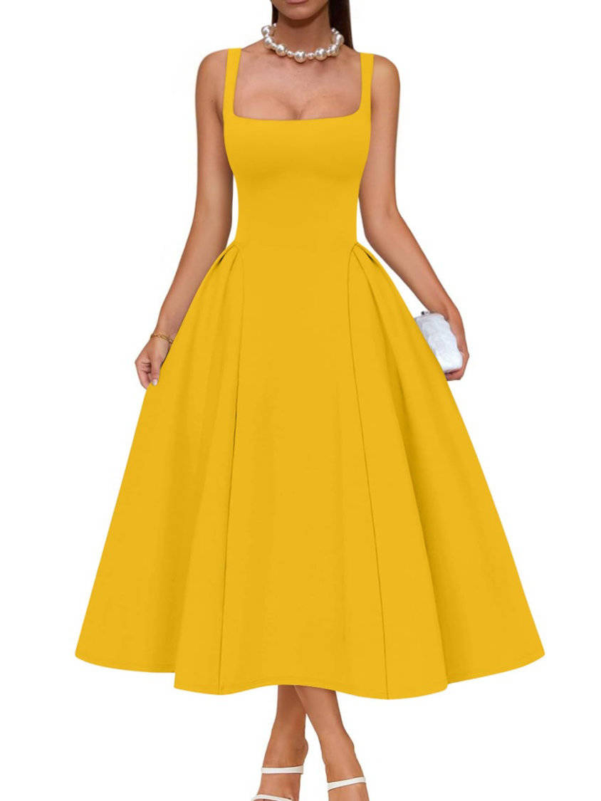 Womens Square Neck A Line Midi Dress, Elegant Wedding Guest and Evening Party Dress