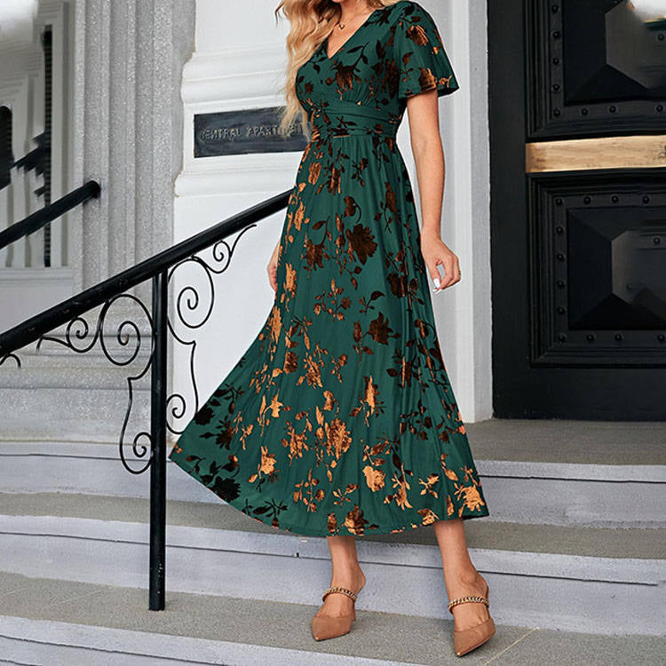 Womens Velvet Maxi Dress, V Neck Short Sleeve Empire Waist Long Formal Dress for Wedding Guests and Special Events