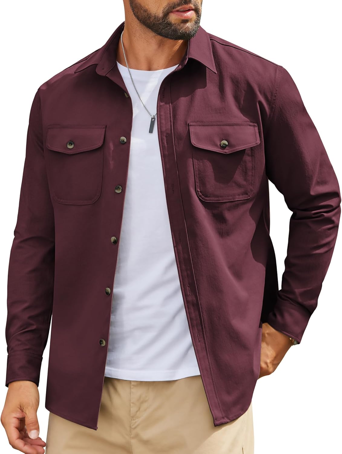 Mens Long Sleeve Button Down Work Shirt, Casual Workwear Shirt with Flap Pockets