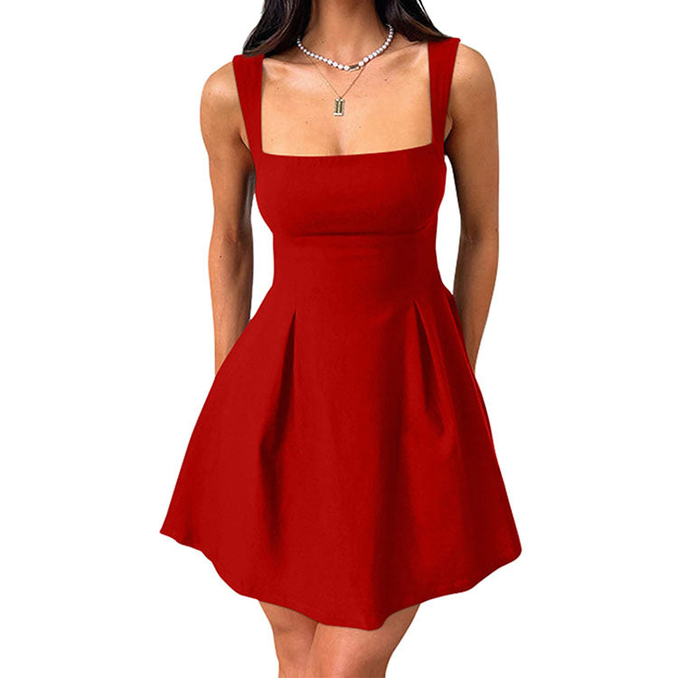 Womens Little Dress, Sexy Sleeveless Square Neck LBD Dress with Bow Tie A Line Mini Design