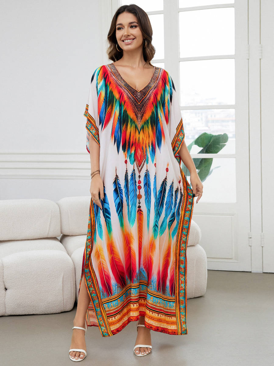 Moomoo Dresses for Women, Plus Size Loose Fit Moroccan Print V Neck Batwing Kaftan Beach Dress