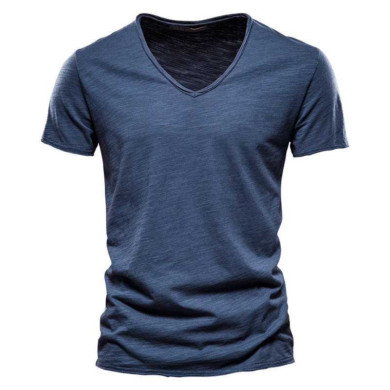 Men's Casual V Neck T Shirt, Breathable Slim Fit Short Sleeve Tee, Lightweight Cotton Slub Basic Top
