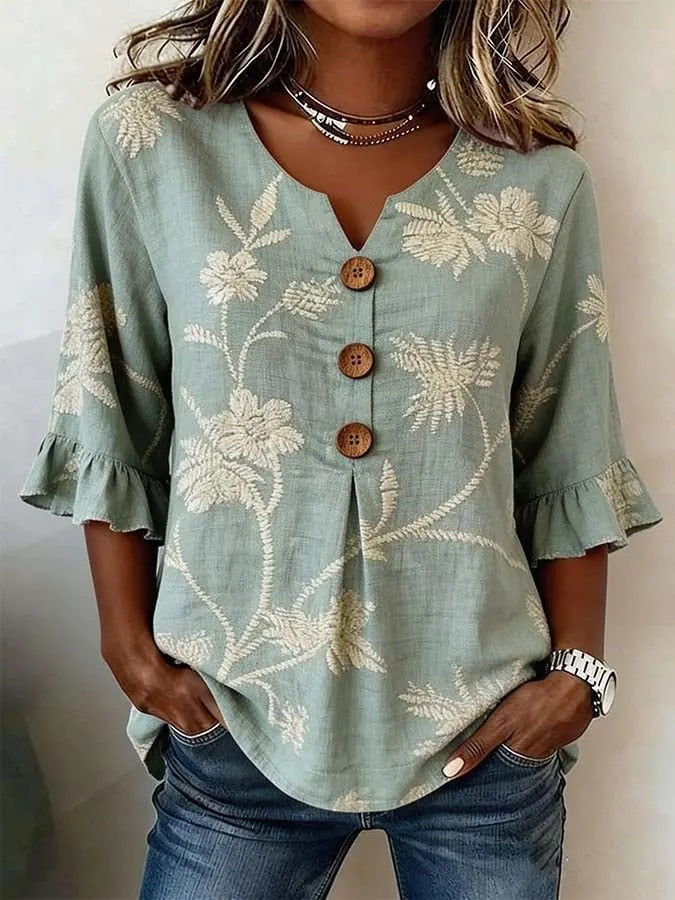 Women's Floral Print Linen Blouse, Vintage V Neck Sleeve Shirt, Casual Ruffle Cuff Button Down Tops