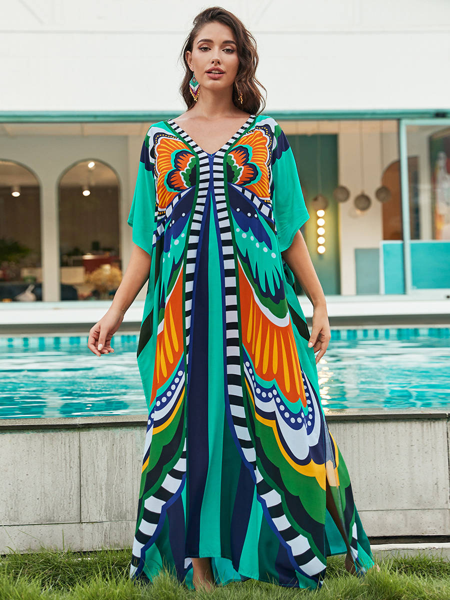 Moomoo Dresses for Women, Plus Size Loose Fit Moroccan Print V Neck Batwing Kaftan Beach Dress