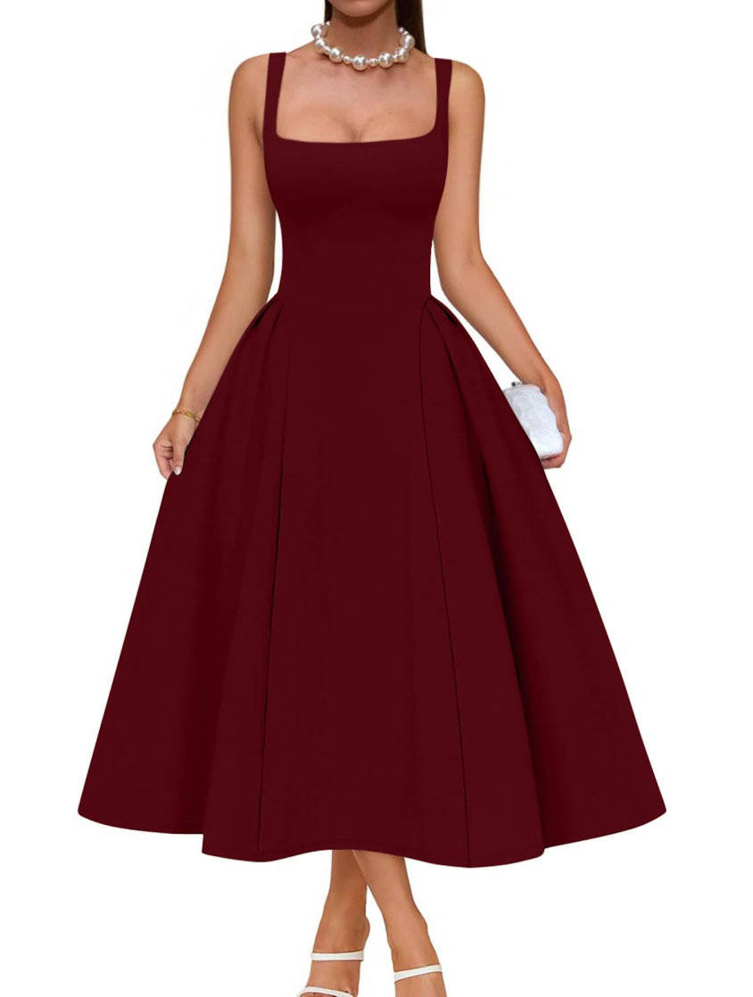 Womens Square Neck A Line Midi Dress, Elegant Wedding Guest and Evening Party Dress